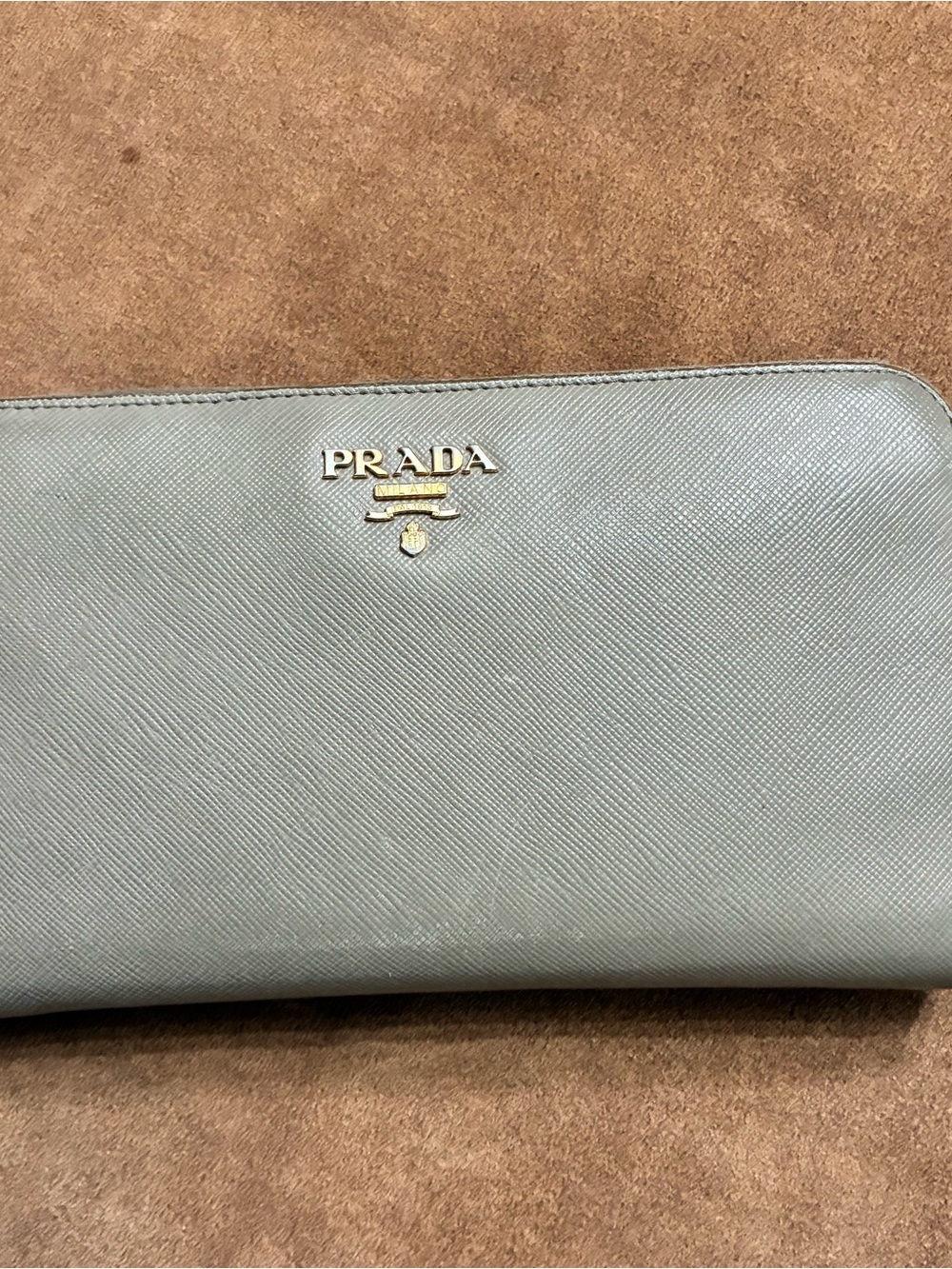 Prada Saffiano Zip Wallet in Pale gray with Gold Logo